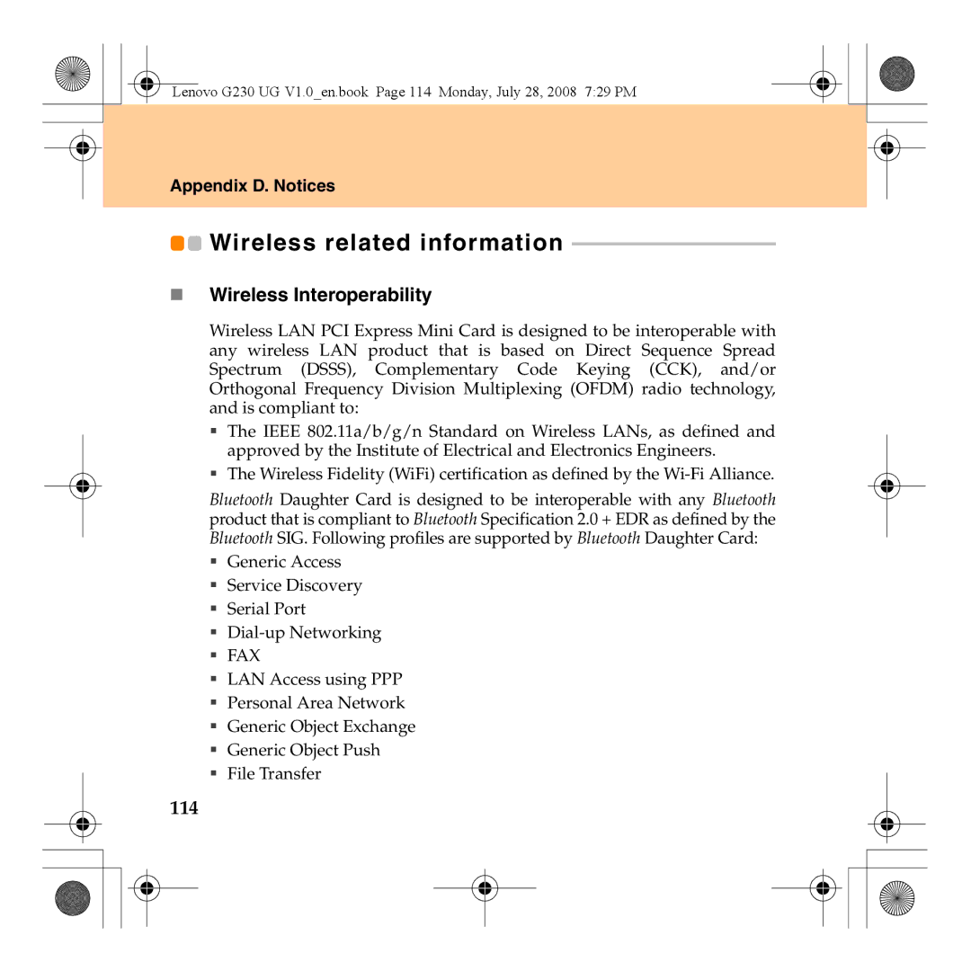 Lenovo 3000 G230 manual Wireless related information, „ Wireless Interoperability, 114 