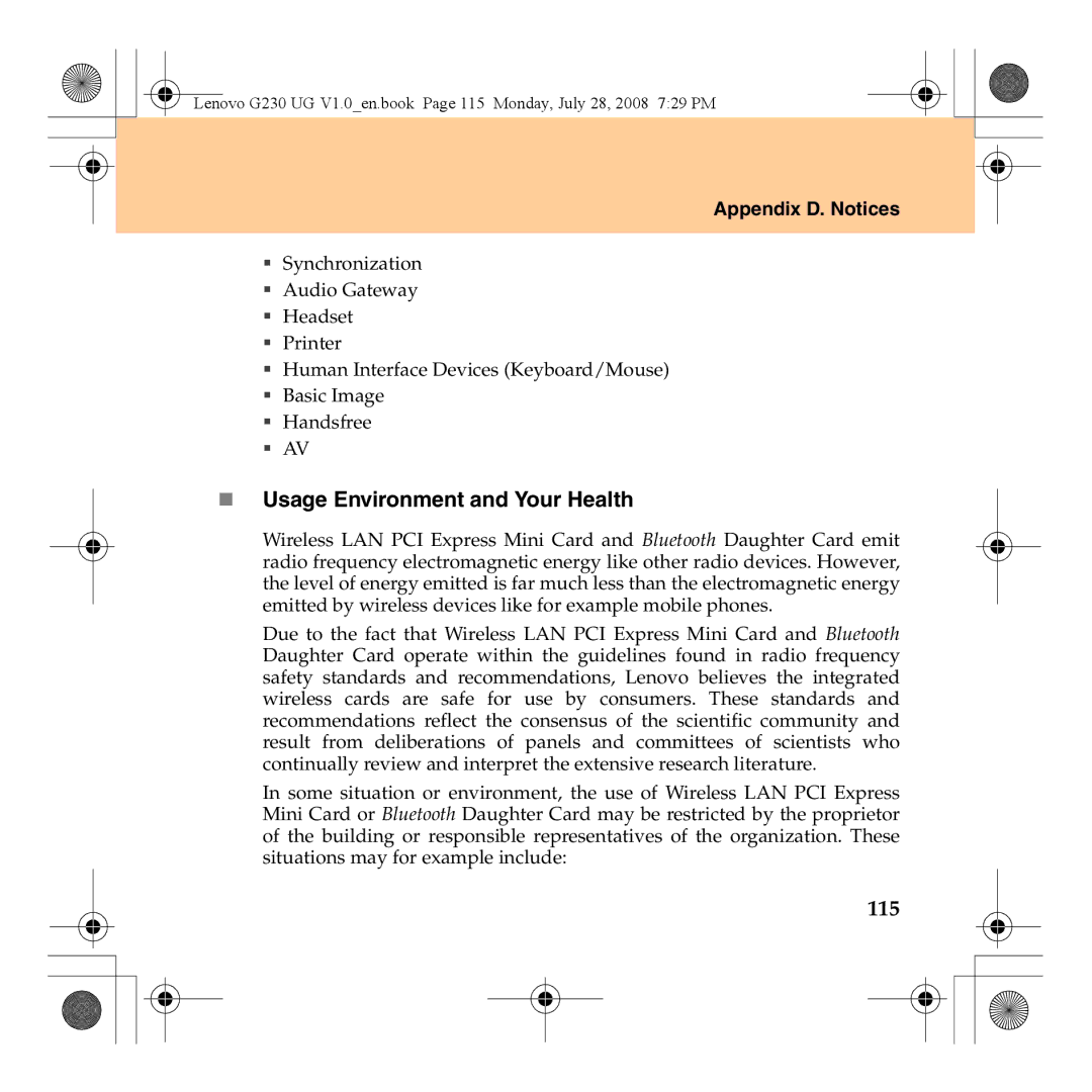 Lenovo 3000 G230 manual „ Usage Environment and Your Health, 115 