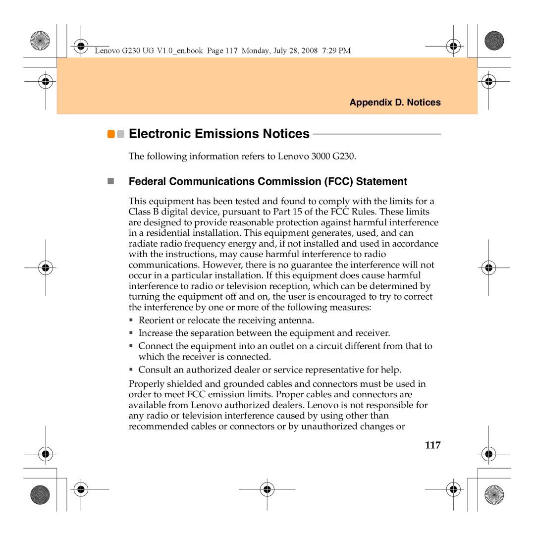 Lenovo 3000 G230 manual Electronic Emissions Notices, „ Federal Communications Commission FCC Statement, 117 