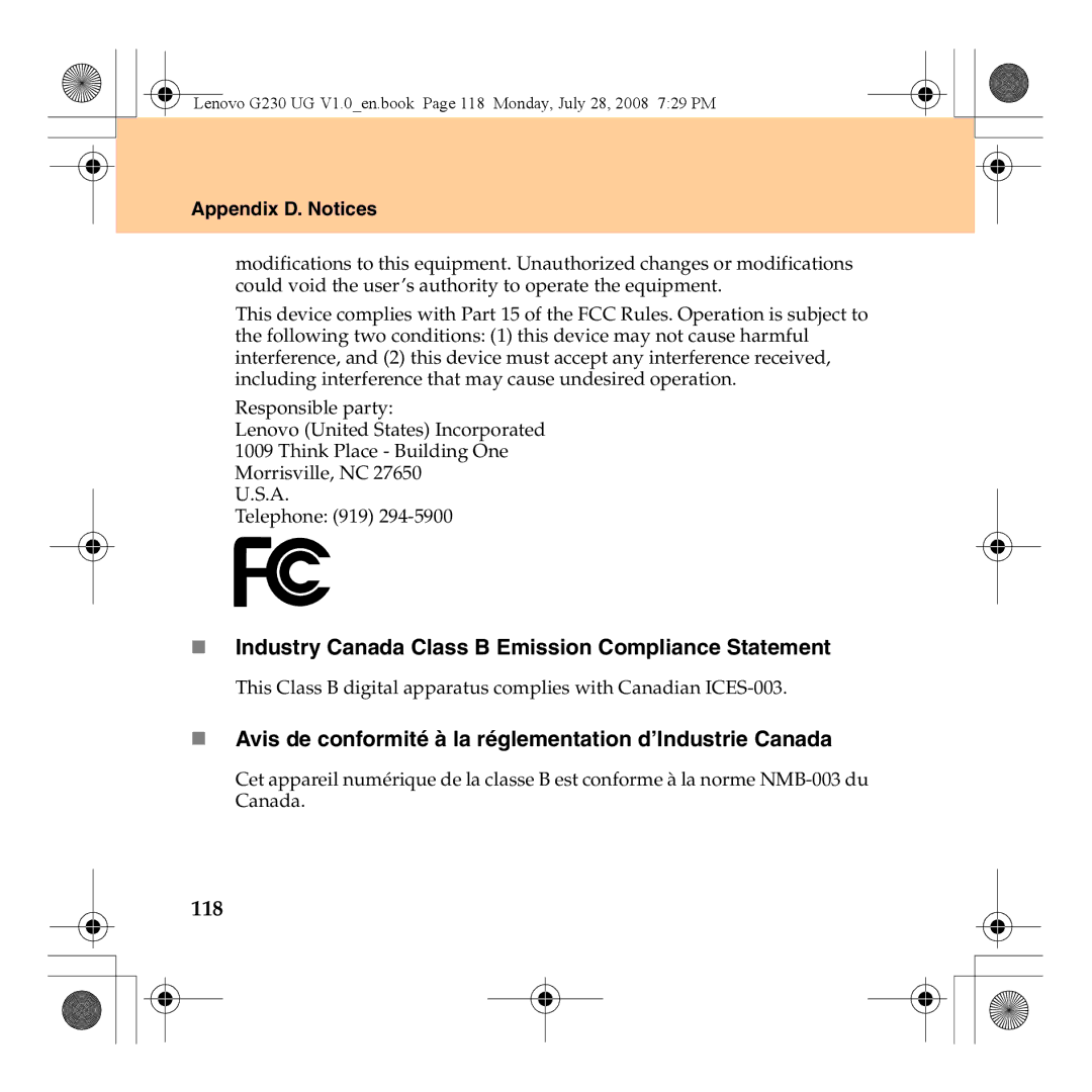 Lenovo 3000 G230 manual „ Industry Canada Class B Emission Compliance Statement, 118 