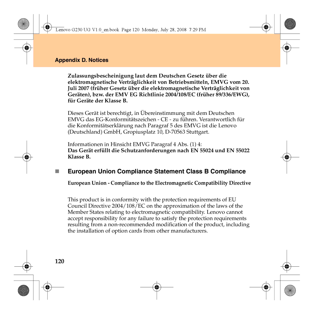 Lenovo 3000 G230 manual „ European Union Compliance Statement Class B Compliance, 120 