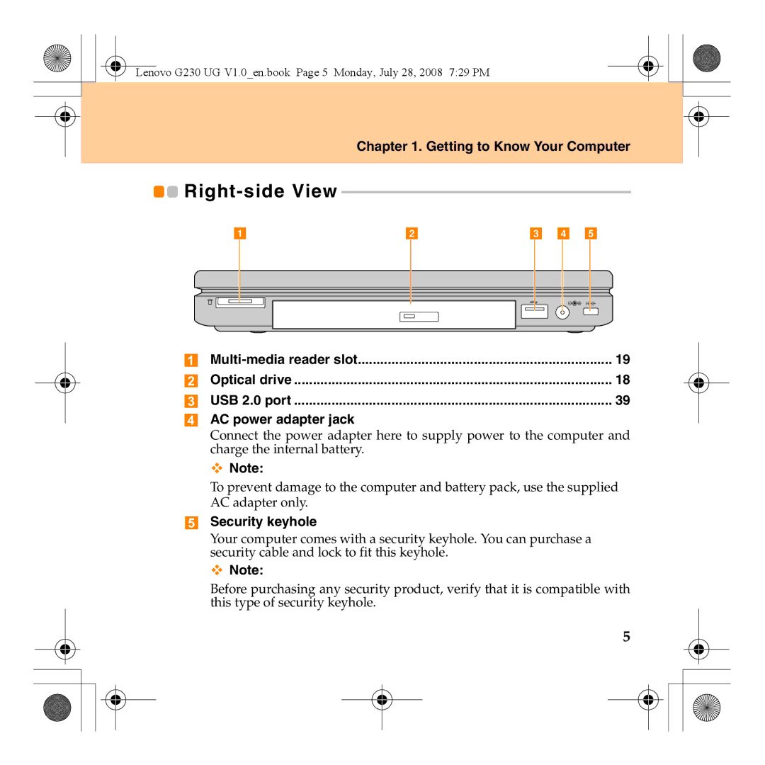 Lenovo 3000 G230 manual Right-side View, AC power adapter jack, Security keyhole 