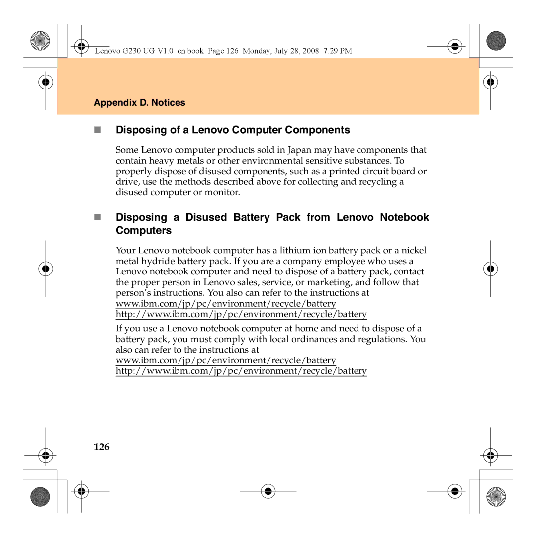 Lenovo 3000 G230 manual „ Disposing of a Lenovo Computer Components, 126 