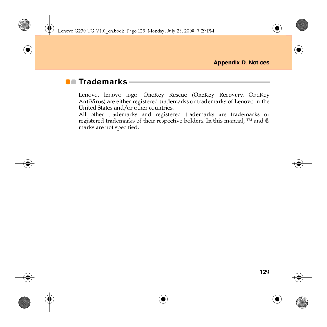 Lenovo 3000 G230 manual Trademarks, 129 