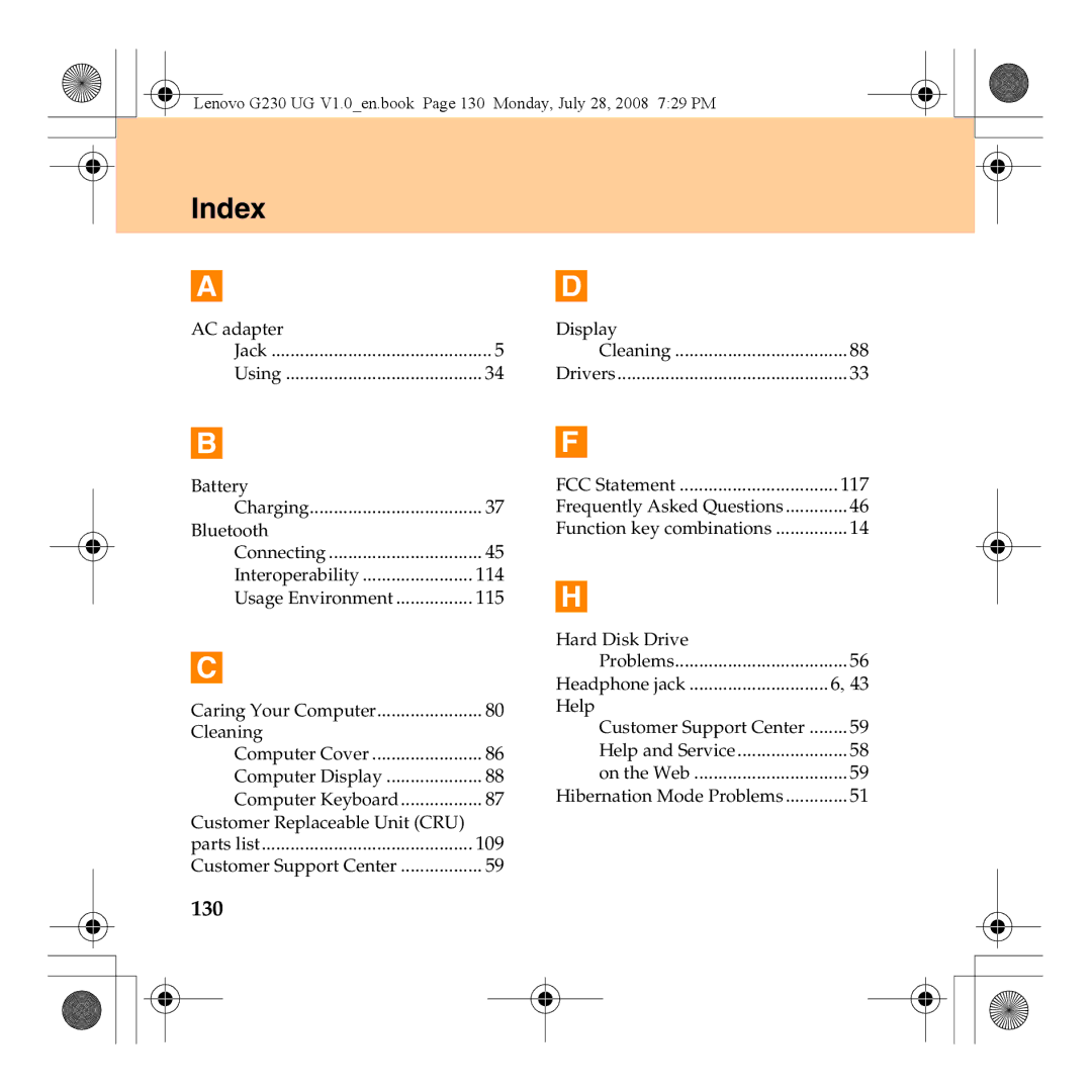 Lenovo 3000 G230 manual Index, 130 