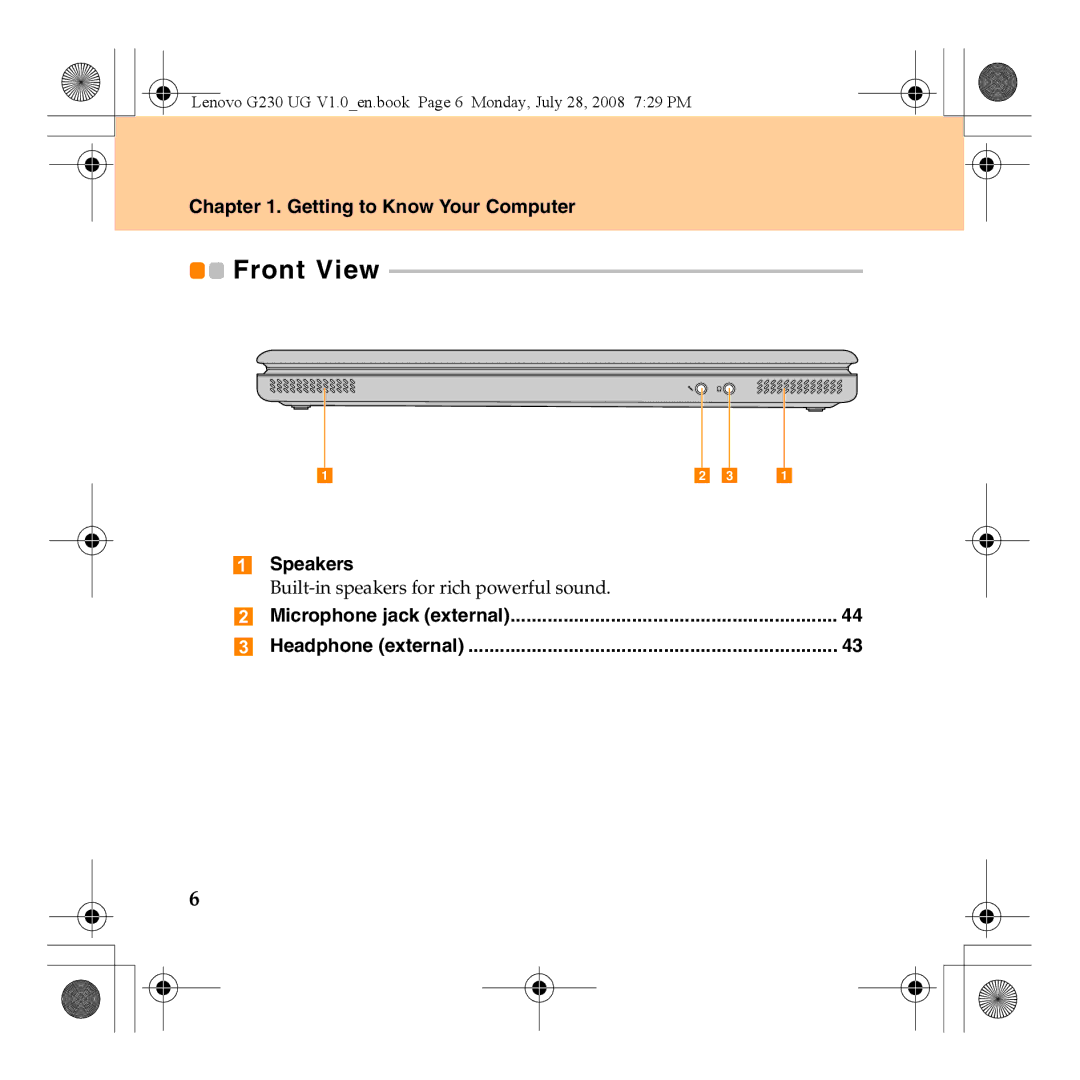 Lenovo 3000 G230 manual Front View, Speakers 