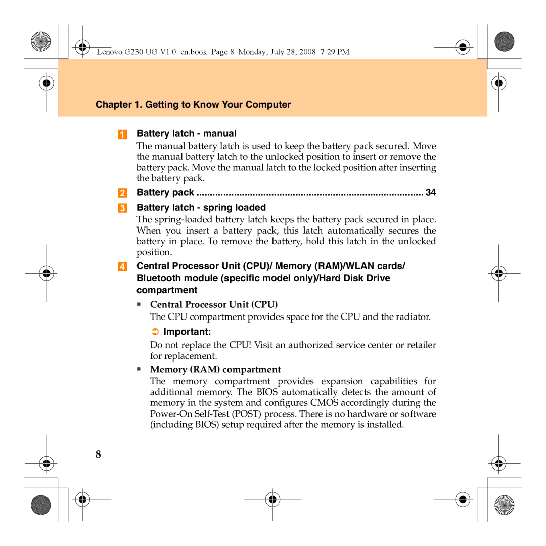 Lenovo 3000 G230 Getting to Know Your Computer Battery latch manual, Battery latch spring loaded 