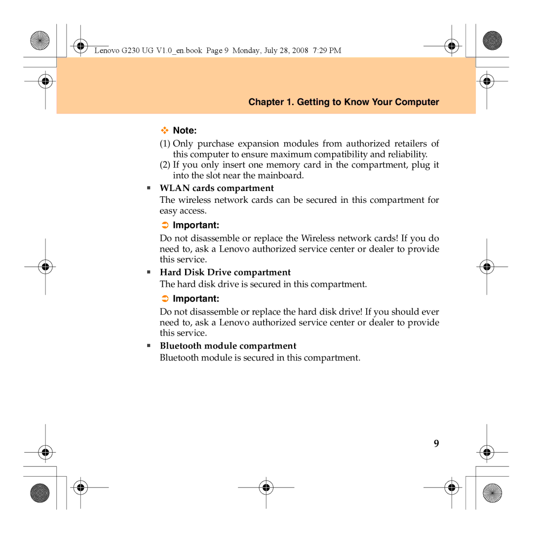 Lenovo 3000 G230 manual ƒ Wlan cards compartment 