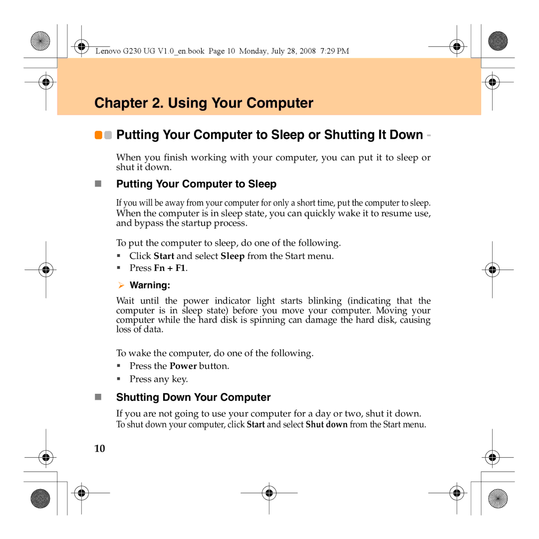 Lenovo 3000 G230 manual Using Your Computer, „ Putting Your Computer to Sleep, „ Shutting Down Your Computer 