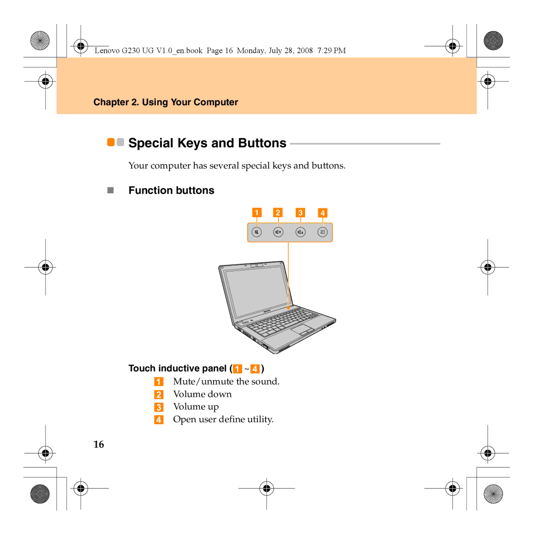 Lenovo 3000 G230 manual Special Keys and Buttons, „ Function buttons, Touch inductive panel ~ 