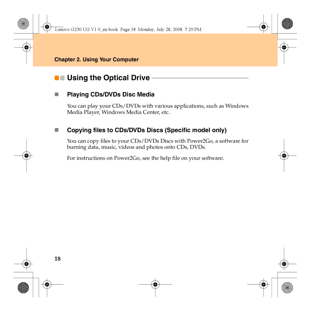 Lenovo 3000 G230 manual Using the Optical Drive, „ Playing CDs/DVDs Disc Media 
