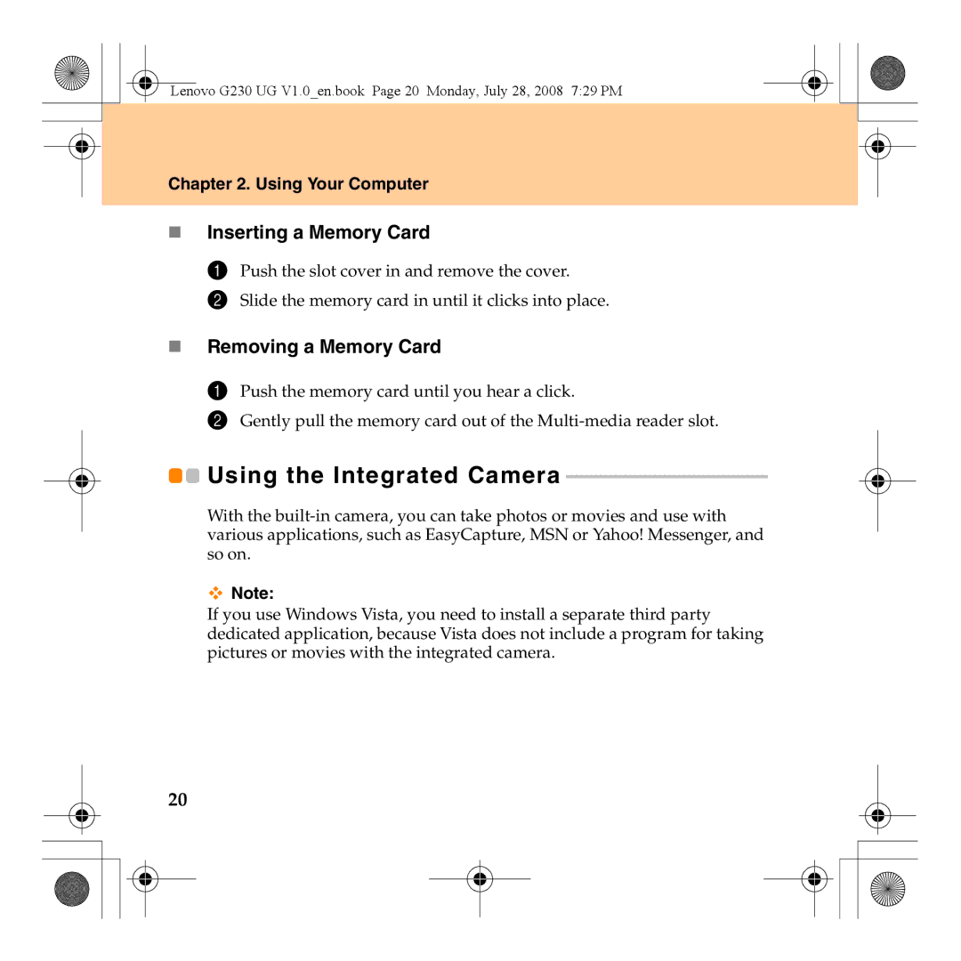 Lenovo 3000 G230 manual Using the Integrated Camera, „ Inserting a Memory Card, „ Removing a Memory Card 