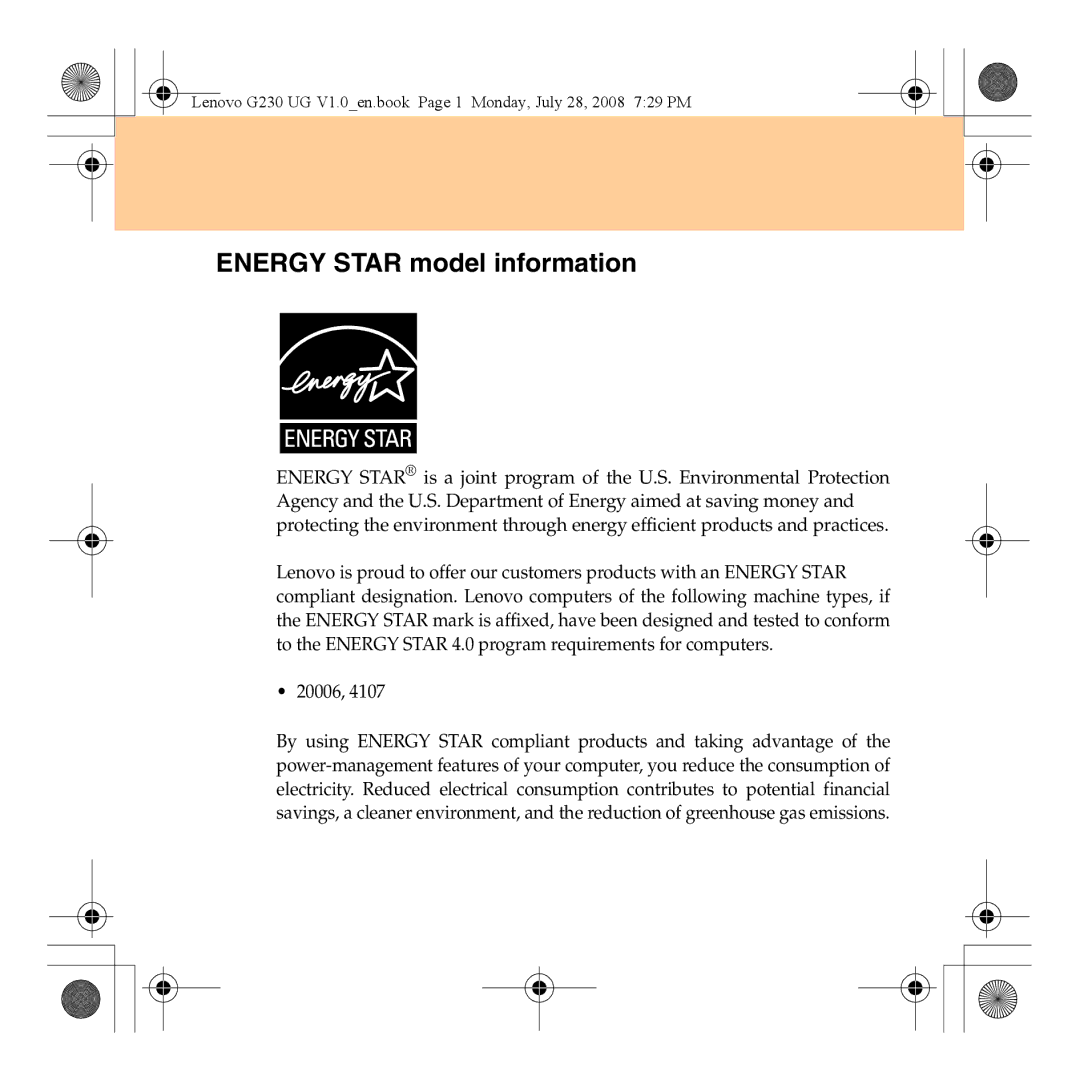 Lenovo 3000 G230 manual Energy Star model information 