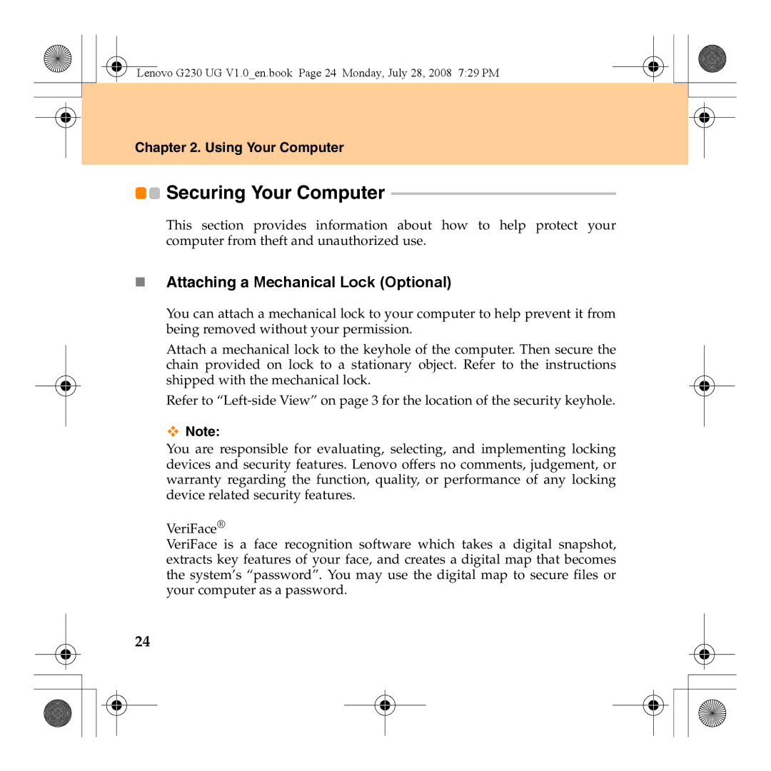 Lenovo 3000 G230 manual Securing Your Computer, „ Attaching a Mechanical Lock Optional 