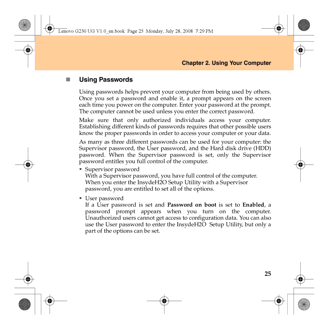 Lenovo 3000 G230 manual „ Using Passwords 