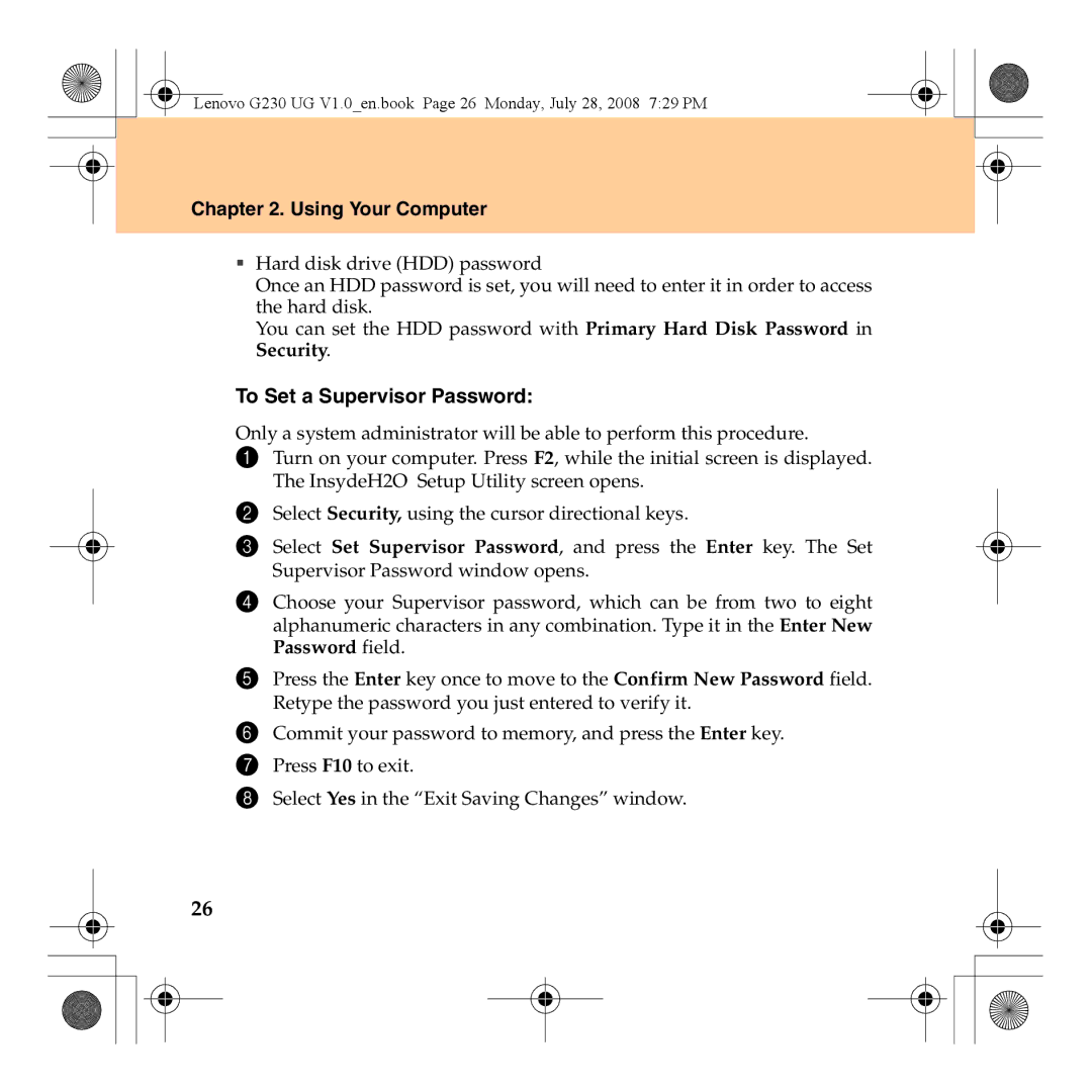 Lenovo 3000 G230 manual To Set a Supervisor Password 