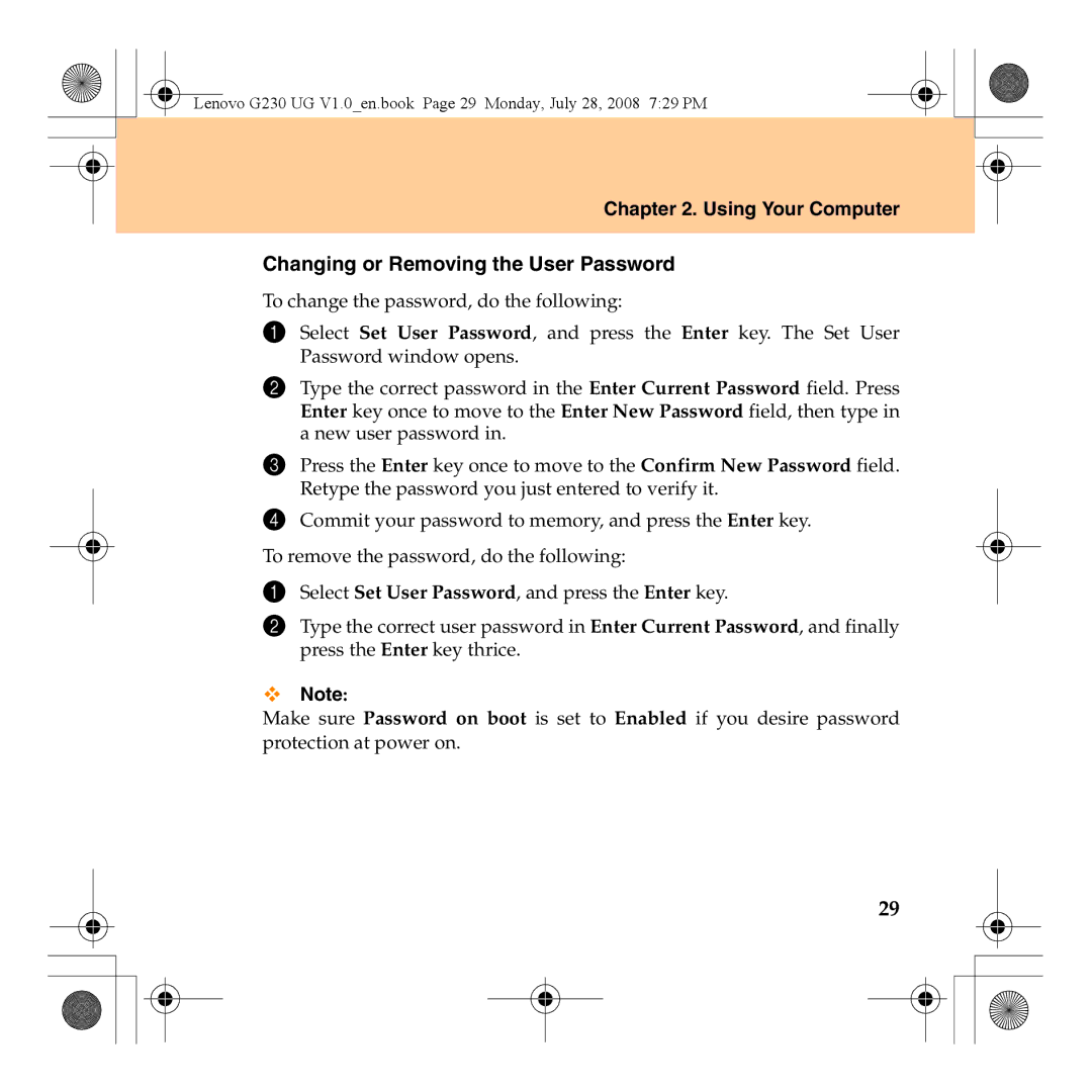 Lenovo 3000 G230 manual Using Your Computer Changing or Removing the User Password 