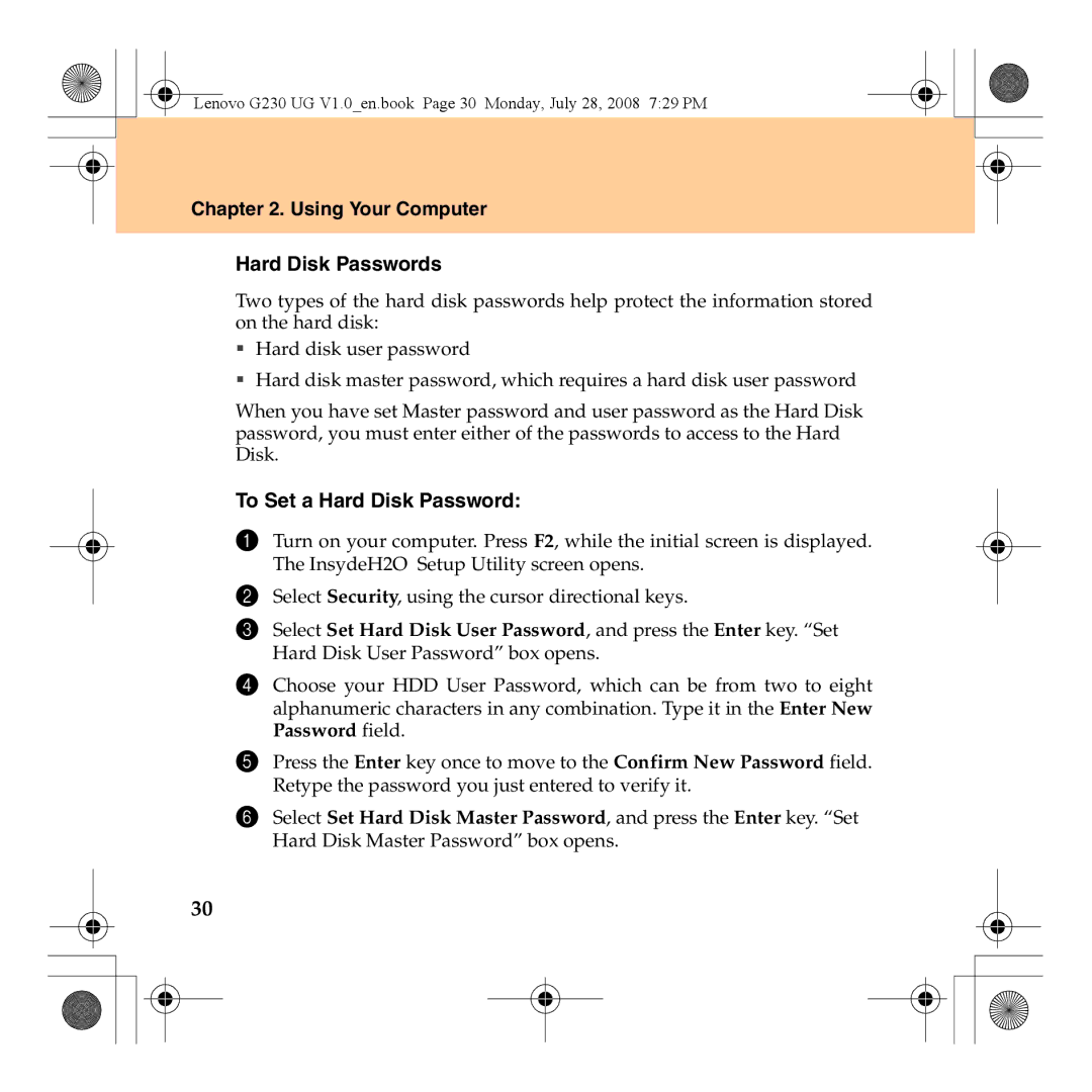 Lenovo 3000 G230 manual Using Your Computer Hard Disk Passwords, To Set a Hard Disk Password 