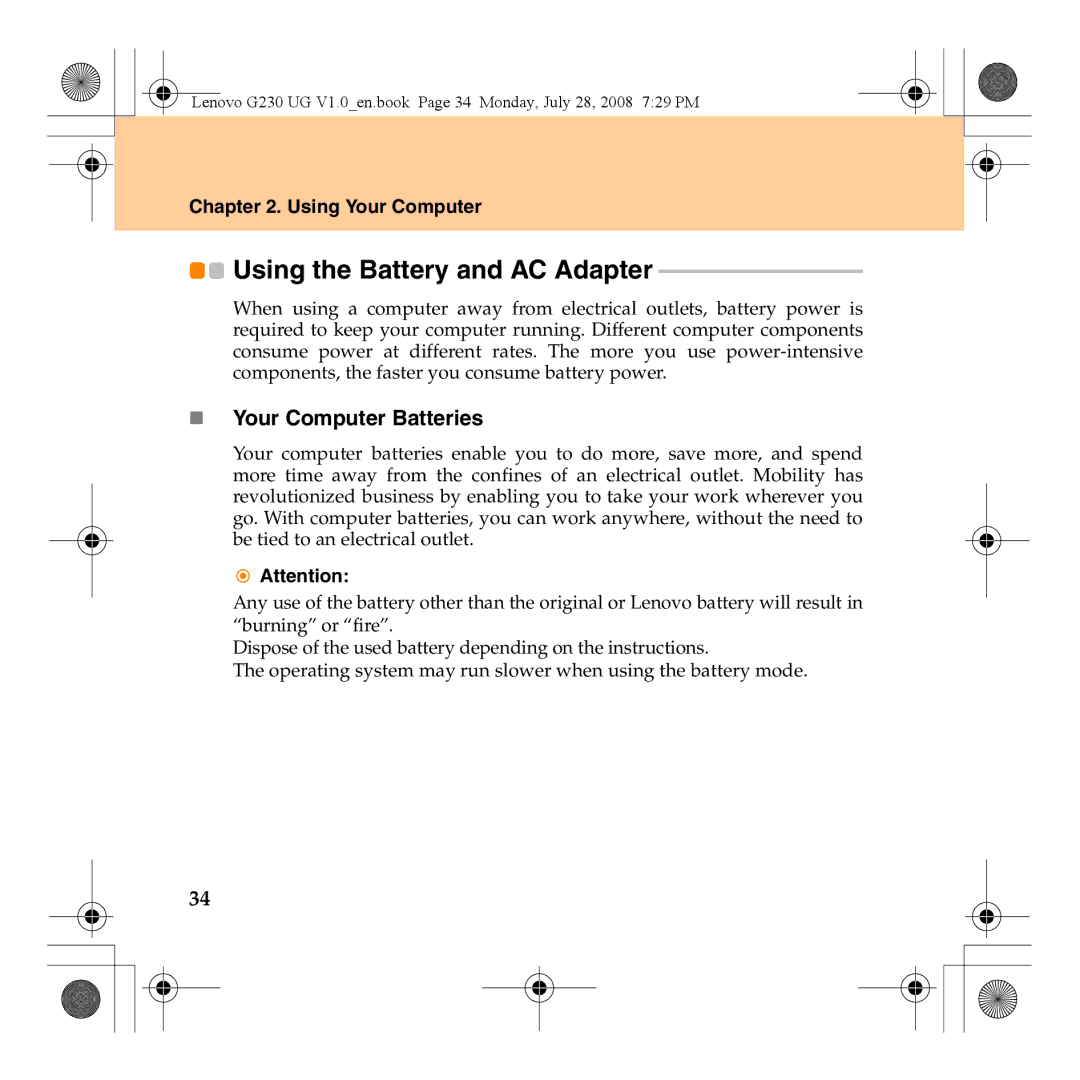 Lenovo 3000 G230 manual Using the Battery and AC Adapter, „ Your Computer Batteries 