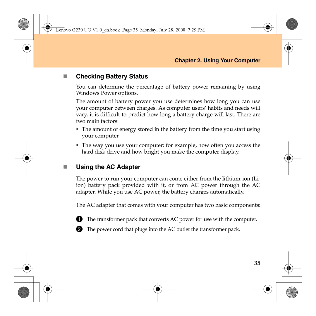 Lenovo 3000 G230 manual „ Checking Battery Status, „ Using the AC Adapter 