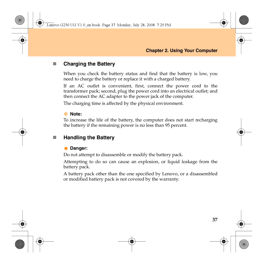 Lenovo 3000 G230 manual „ Charging the Battery, „ Handling the Battery 