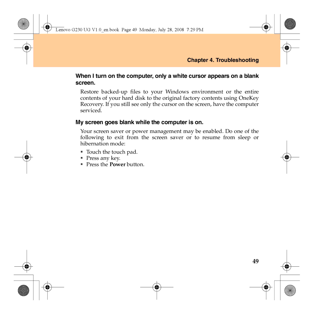 Lenovo 3000 G230 manual My screen goes blank while the computer is on 
