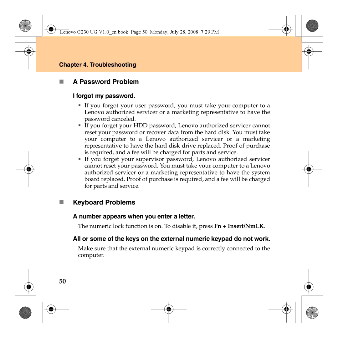Lenovo 3000 G230 „ a Password Problem, „ Keyboard Problems, Forgot my password, Number appears when you enter a letter 