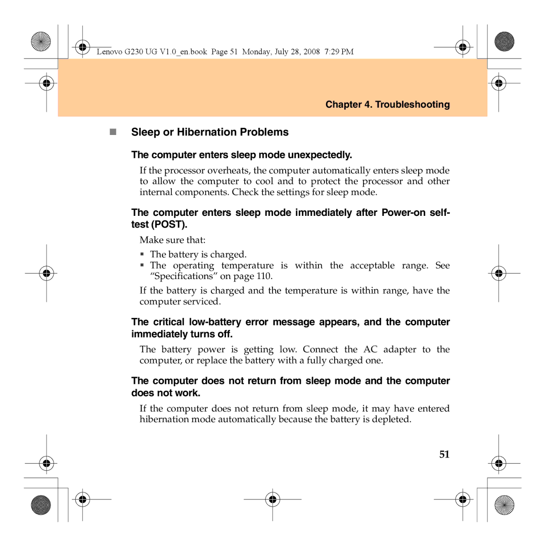 Lenovo 3000 G230 manual „ Sleep or Hibernation Problems, Computer enters sleep mode unexpectedly 