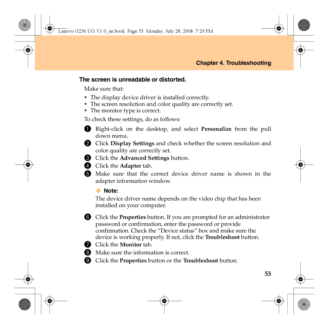 Lenovo 3000 G230 manual Troubleshooting Screen is unreadable or distorted, Click the Advanced Settings button 