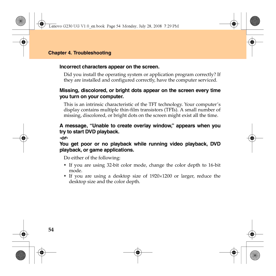 Lenovo 3000 G230 manual Troubleshooting Incorrect characters appear on the screen 