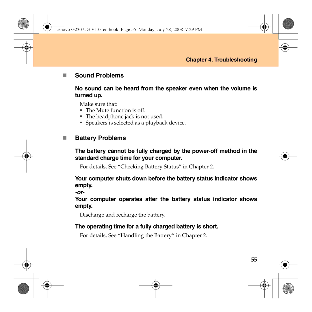 Lenovo 3000 G230 manual „ Sound Problems, „ Battery Problems, Operating time for a fully charged battery is short 