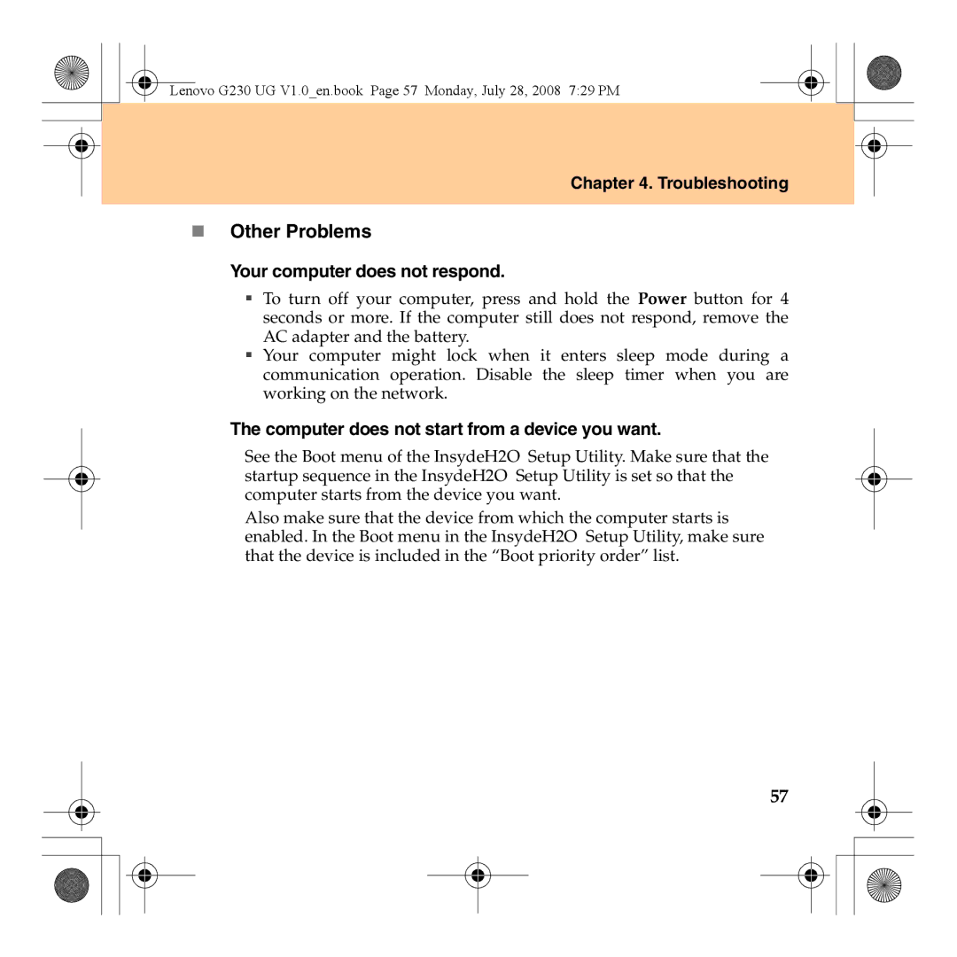 Lenovo 3000 G230 manual „ Other Problems, Your computer does not respond, Computer does not start from a device you want 