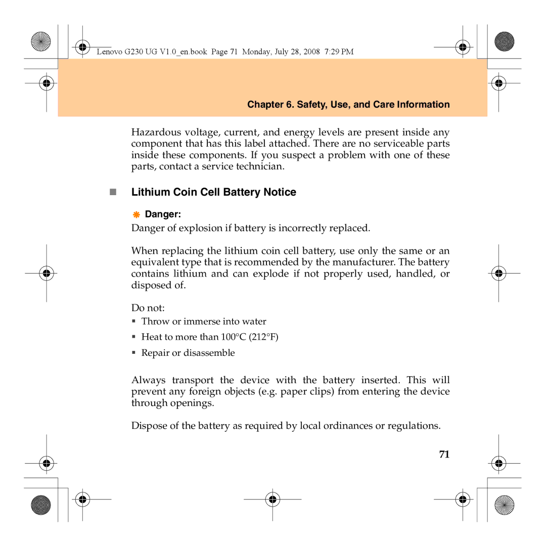 Lenovo 3000 G230 manual „ Lithium Coin Cell Battery Notice 