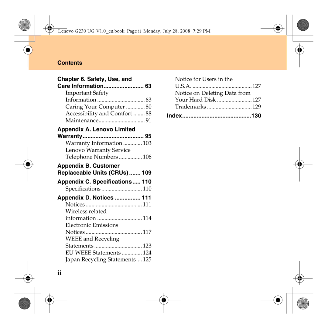 Lenovo 3000 G230 manual Contents Safety, Use, 130, Appendix A. Lenovo Limited, Appendix B. Customer, 109, 110, 111 