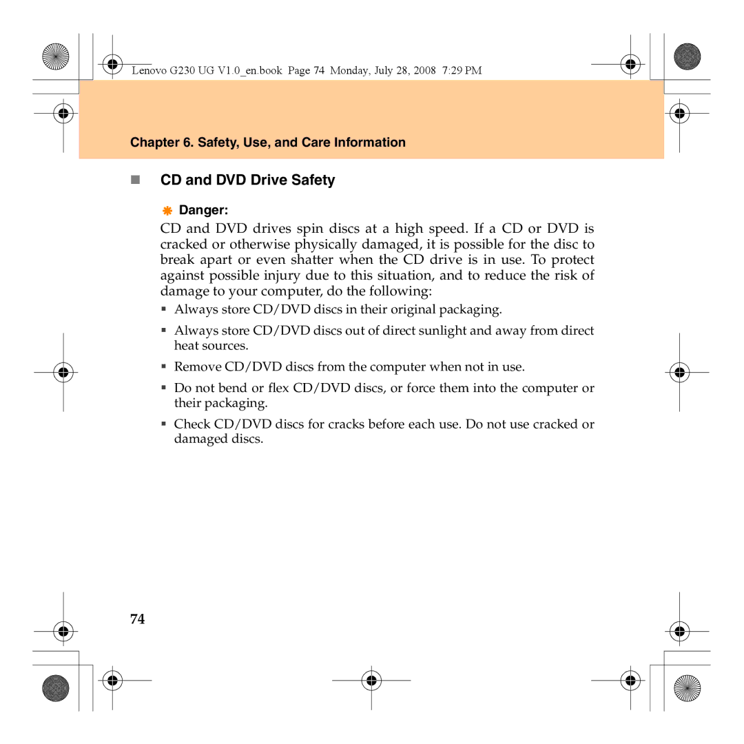 Lenovo 3000 G230 manual „ CD and DVD Drive Safety 