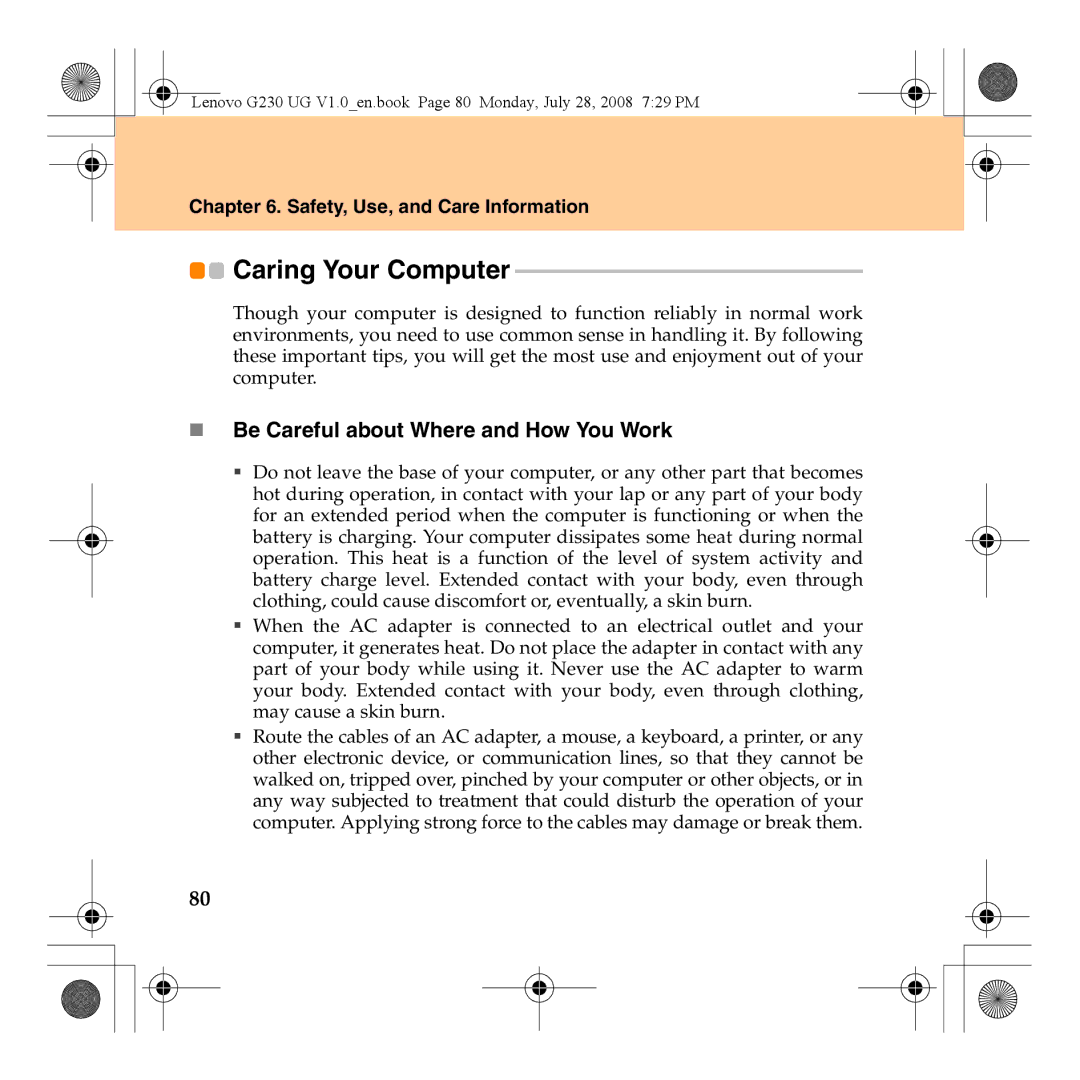 Lenovo 3000 G230 manual Caring Your Computer, „ Be Careful about Where and How You Work 