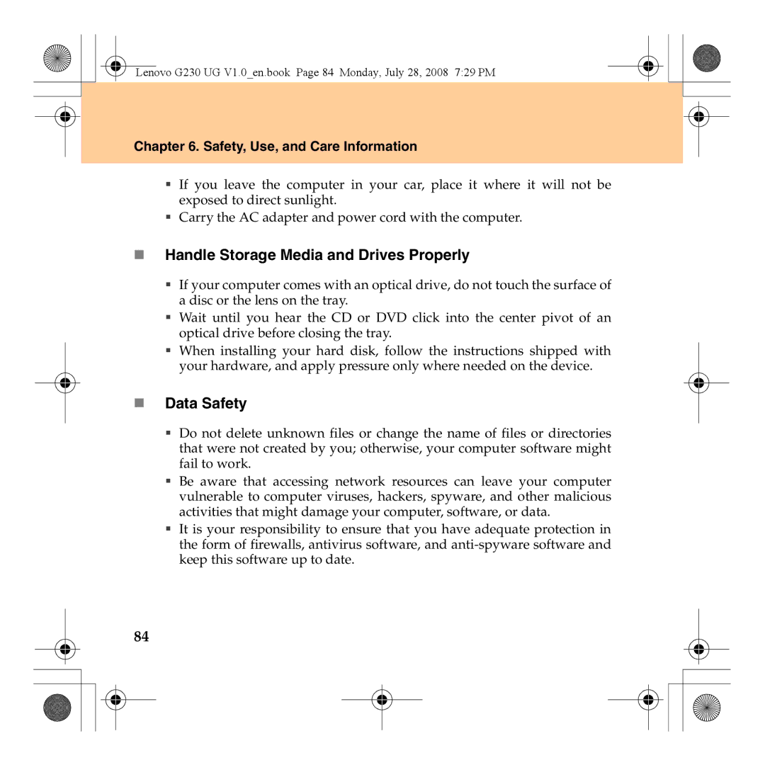 Lenovo 3000 G230 manual „ Handle Storage Media and Drives Properly, „ Data Safety 