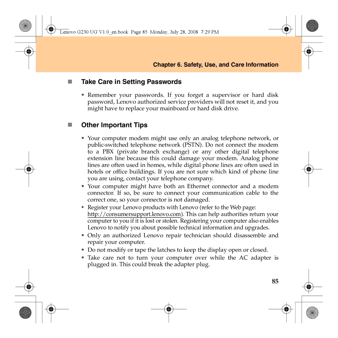 Lenovo 3000 G230 manual „ Take Care in Setting Passwords, „ Other Important Tips 