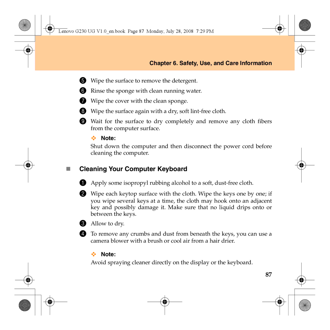 Lenovo 3000 G230 manual „ Cleaning Your Computer Keyboard 