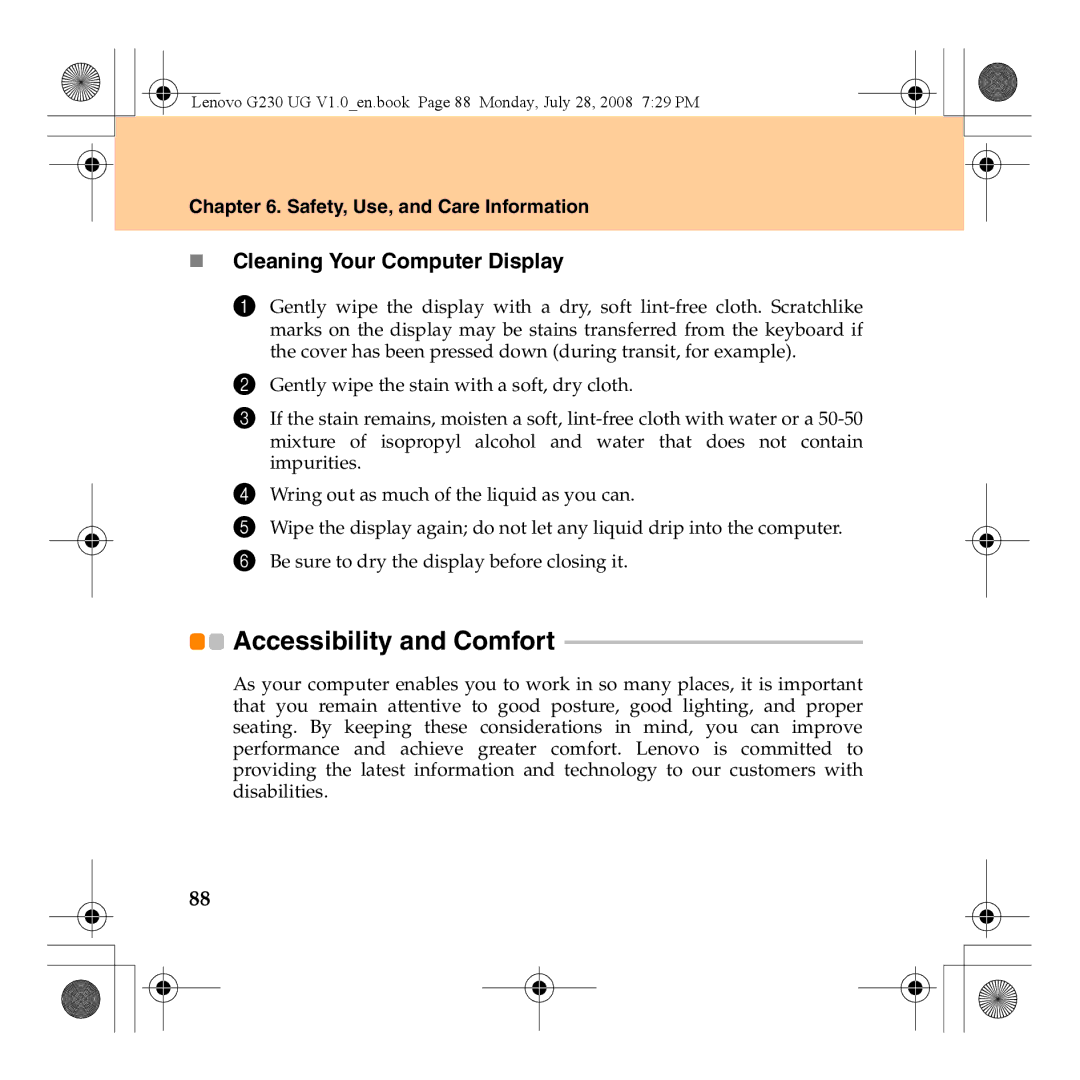 Lenovo 3000 G230 manual Accessibility and Comfort, „ Cleaning Your Computer Display 