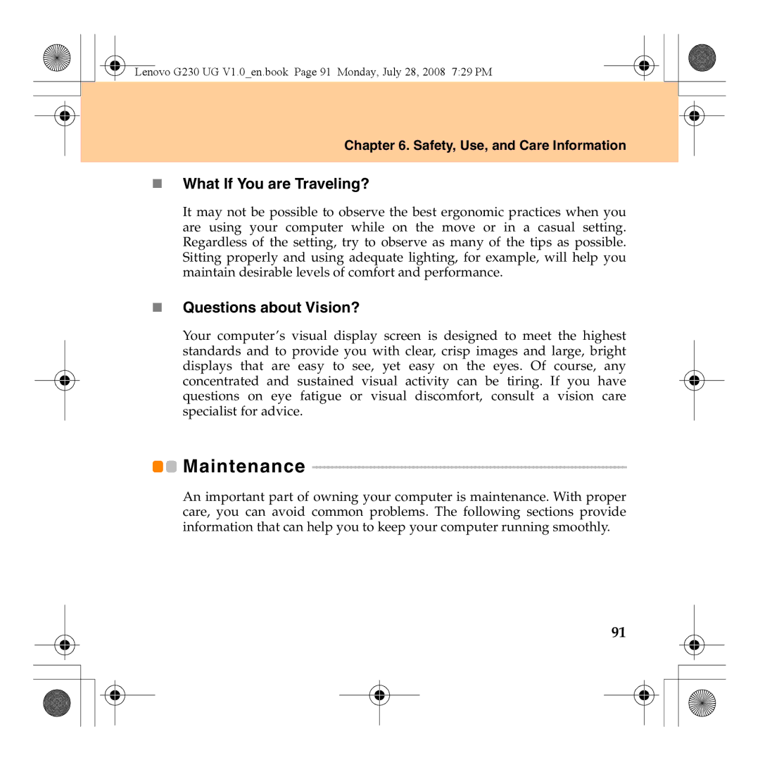 Lenovo 3000 G230 manual Maintenance, „ What If You are Traveling?, „ Questions about Vision? 