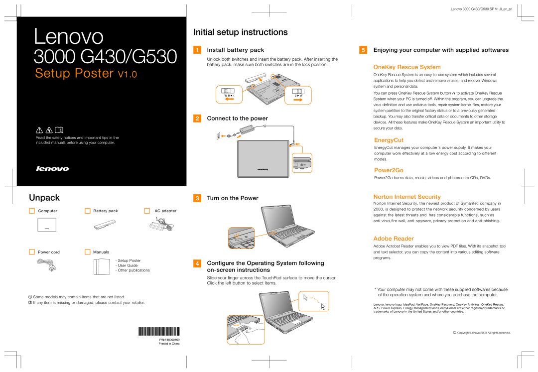 Lenovo 3000 G530 manual Lenovo, 3000 G430/G530, Setup Poster, Initial setup instructions, Unpack, Install battery pack 