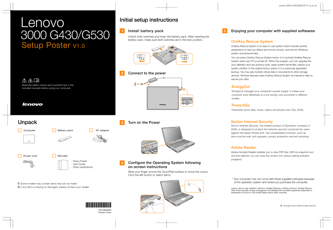 Lenovo 3000 G530, 3000 G430 manual OneKey Rescue System, EnergyCut, Power2Go, Norton Internet Security, Adobe Reader 