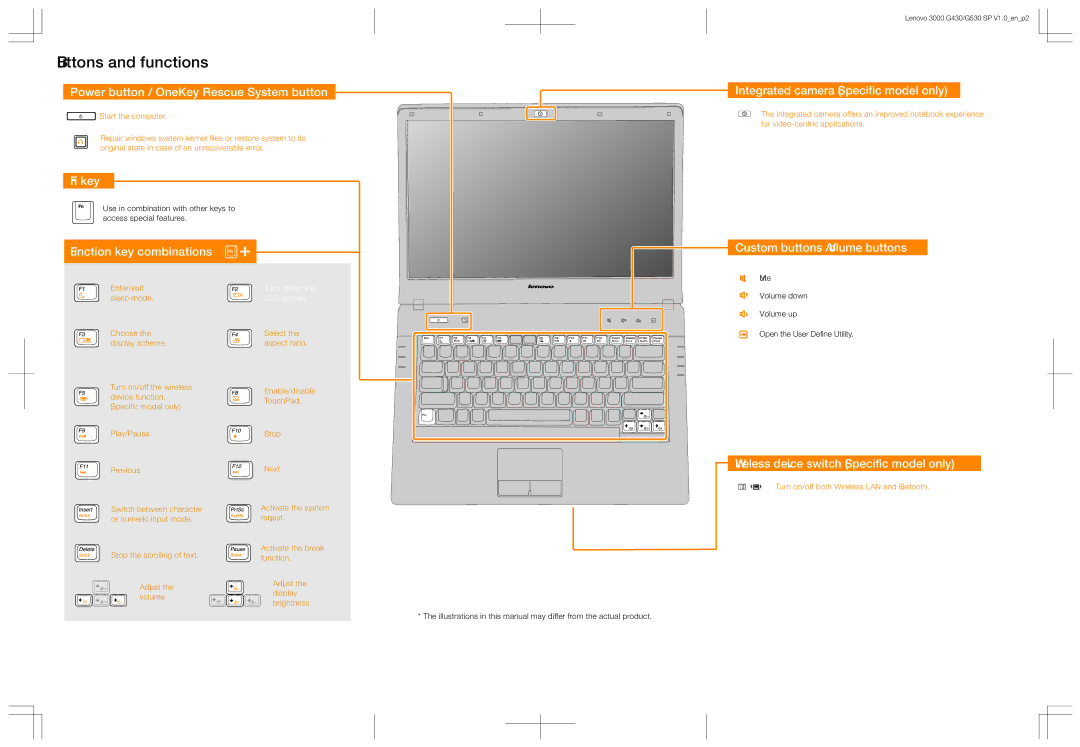 Lenovo 3000 G430, 3000 G530 manual Power button / OneKey Rescue System button, Fn key, Function key combinations 