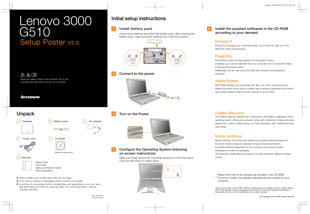 Lenovo 3000 G510 warranty Initial setup instructions, Unpack 