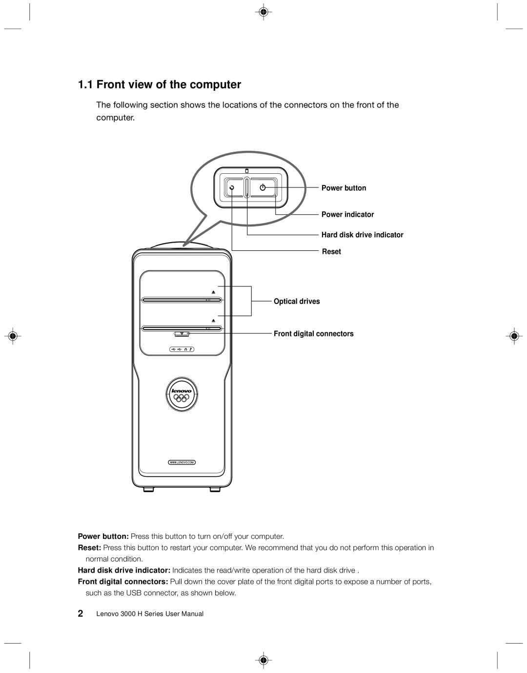 Lenovo 3000 H Series user manual Front view of the computer 