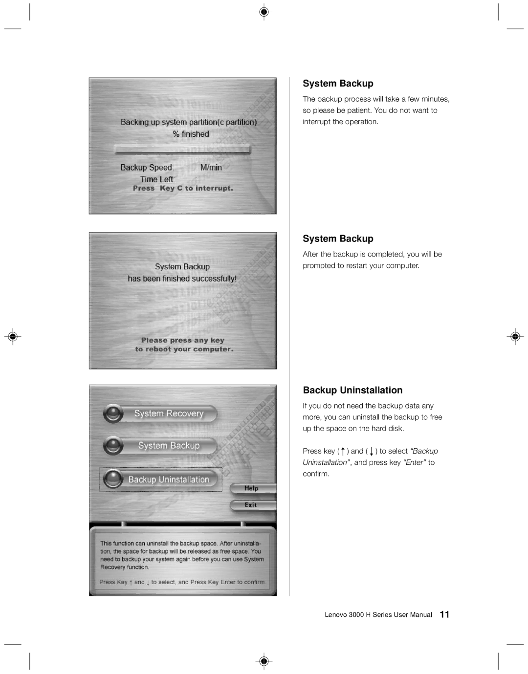 Lenovo 3000 H Series user manual Backup Uninstallation 