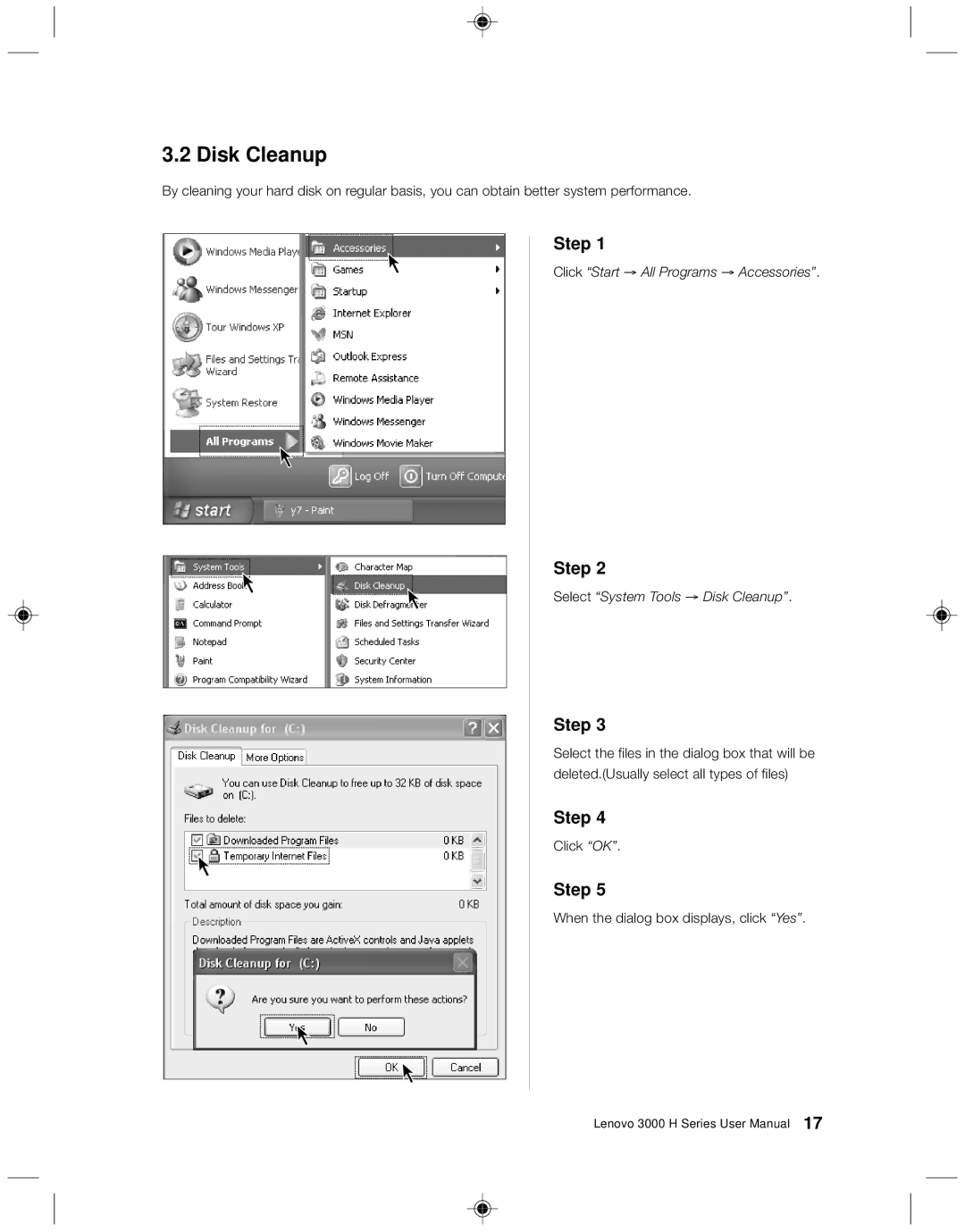 Lenovo 3000 H Series user manual Disk Cleanup 