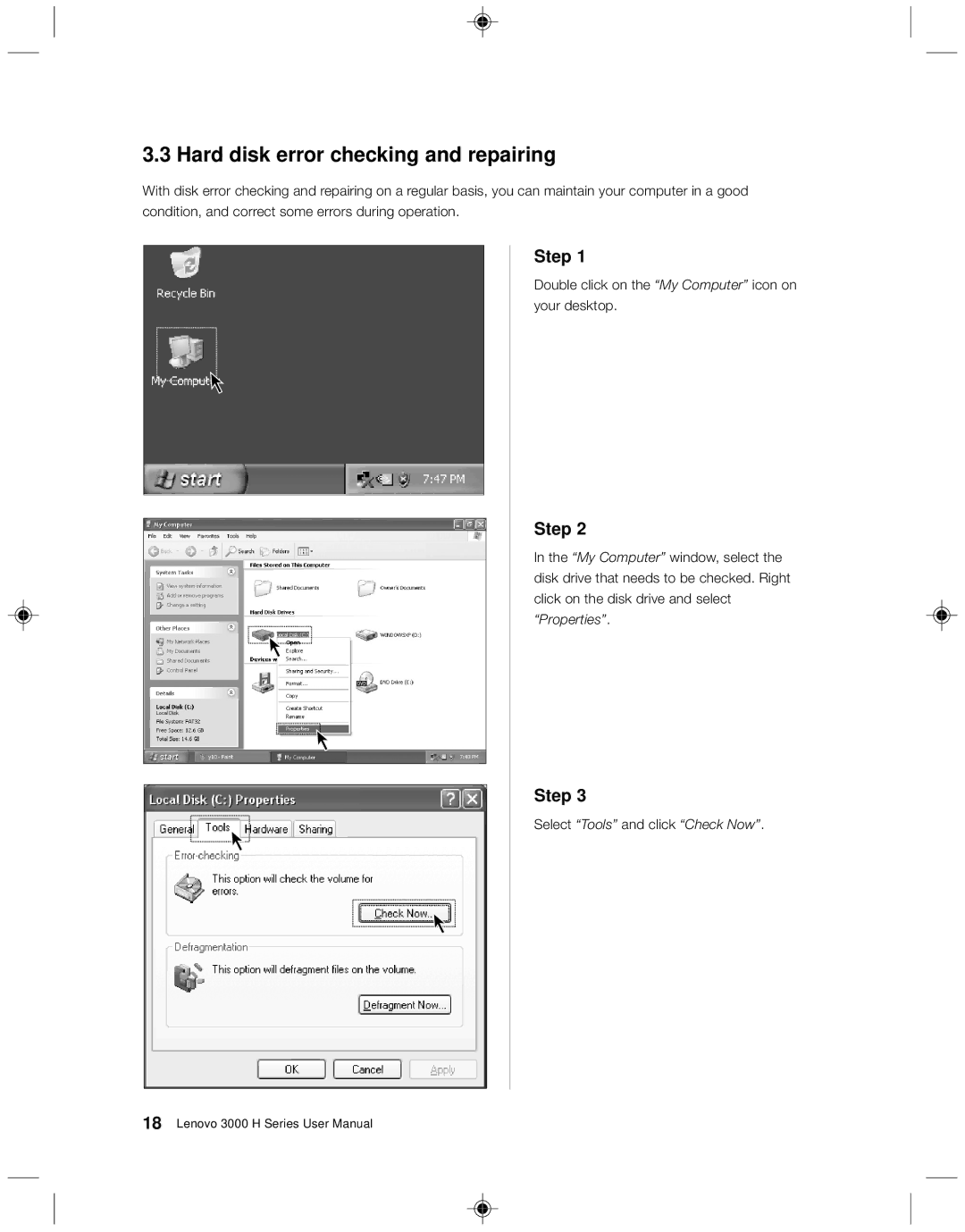 Lenovo 3000 H Series user manual Hard disk error checking and repairing 