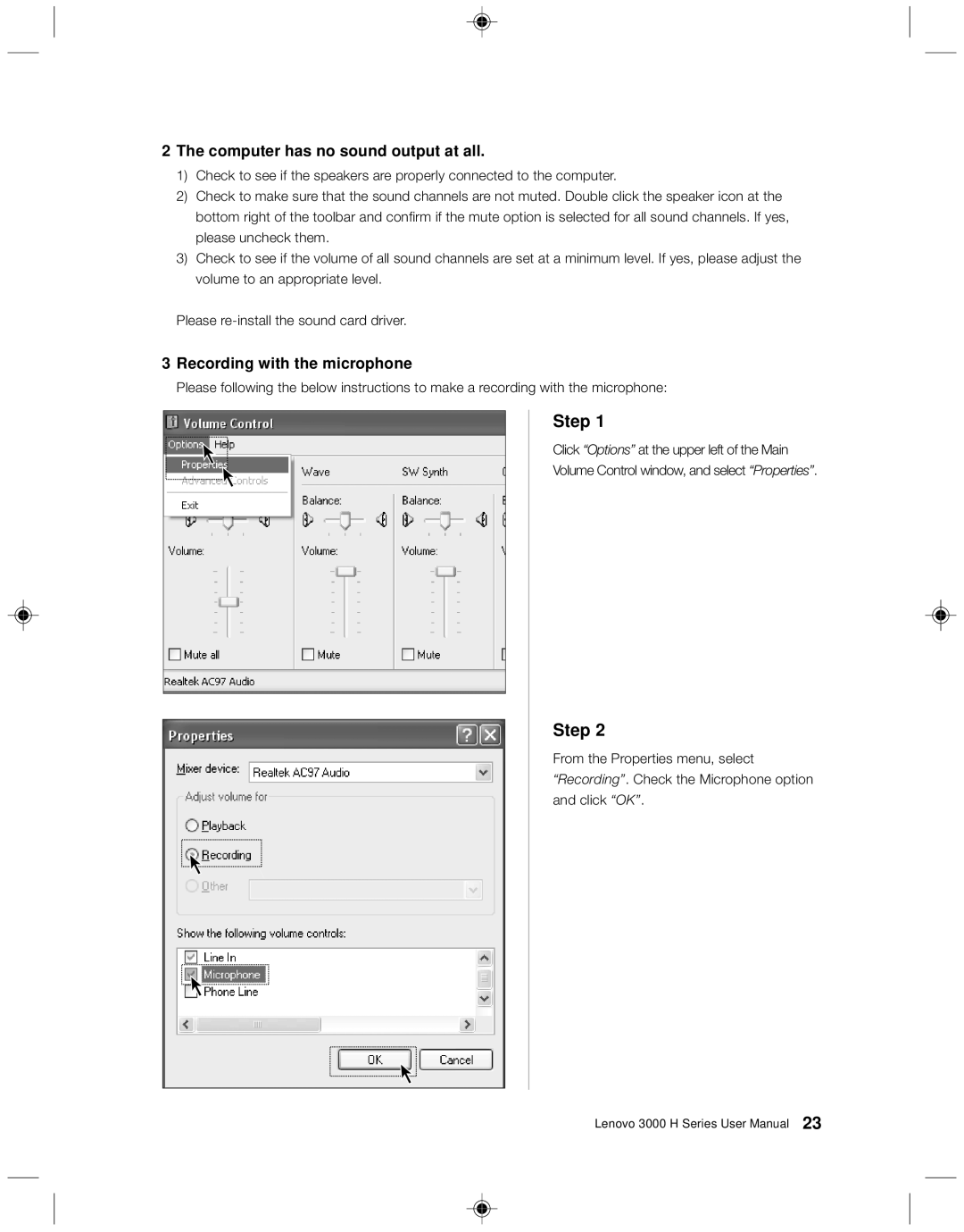 Lenovo 3000 H Series user manual Computer has no sound output at all, Recording with the microphone 